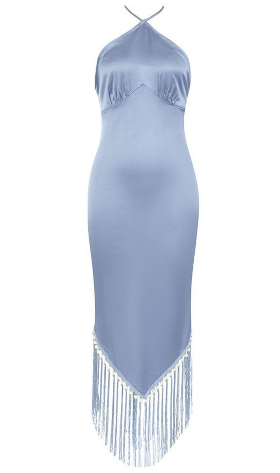 Halter Neck Fringe - Hem Midi Dress in Light Blue