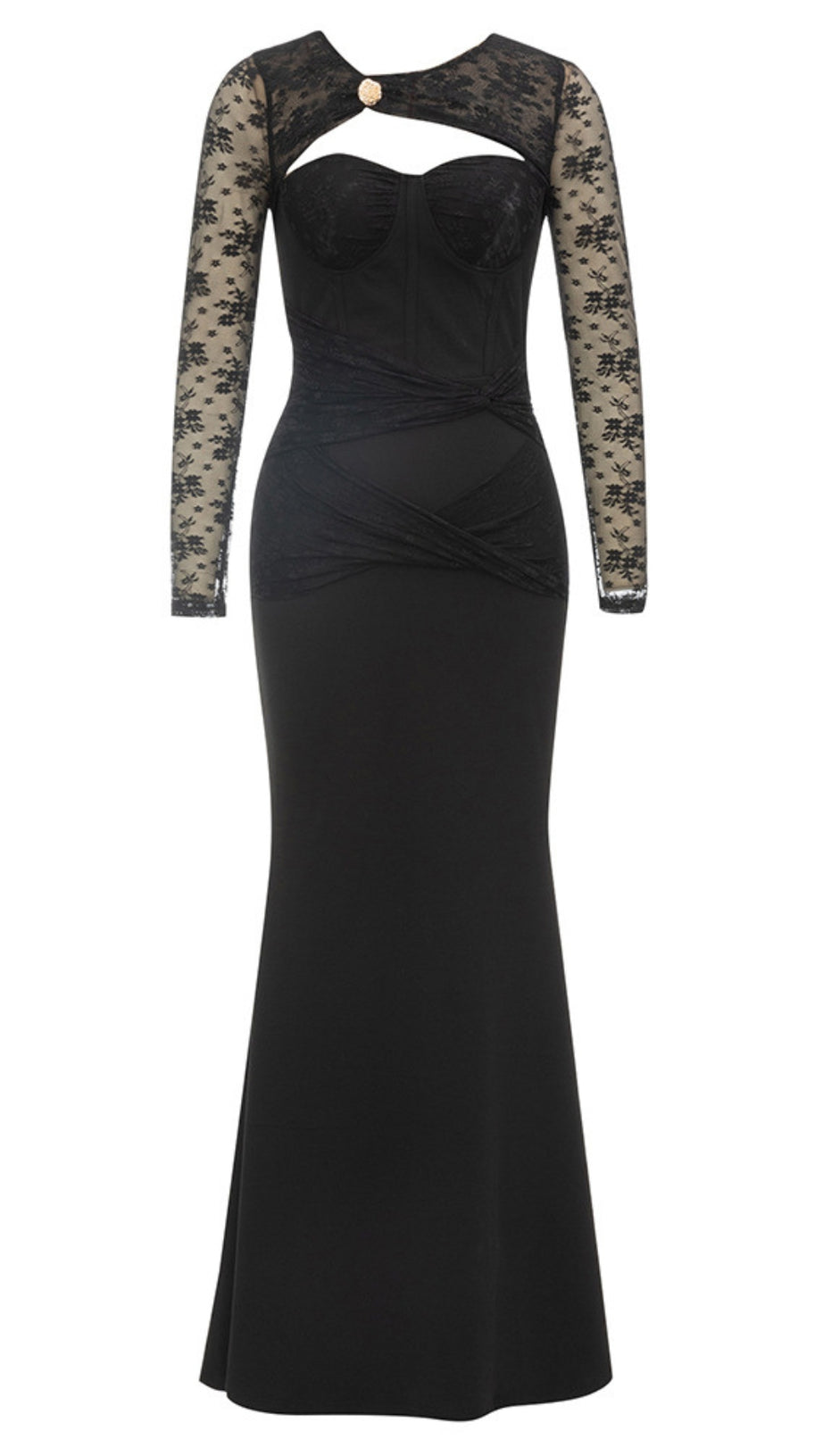 LACE - SLEEVE CUTOUT - WAIST MERMAID MAXI DRESS IN BLACK
