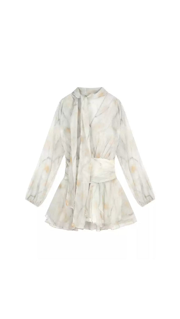 AIIZIE TIE - NECK BELTED MARBLE - PRINT CHIFFON FALL DRESS - product image