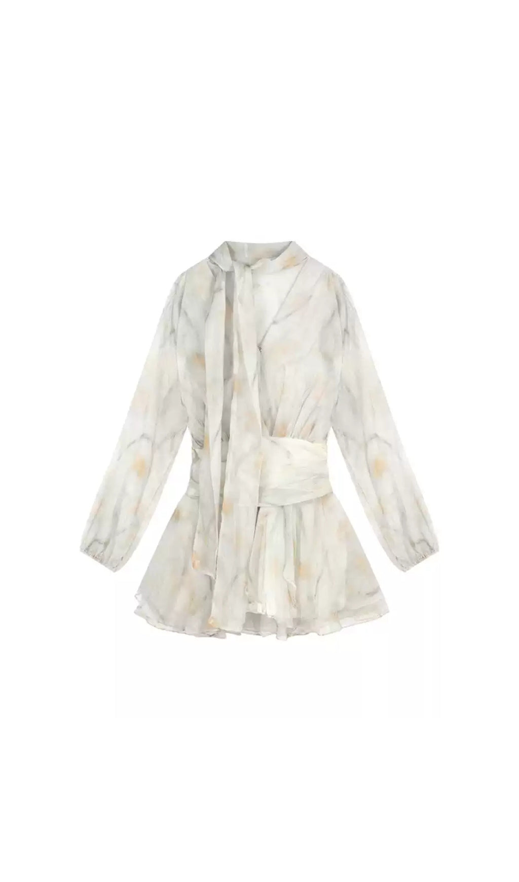 Tie - Neck Belted Marble - Print Chiffon Fall Dress