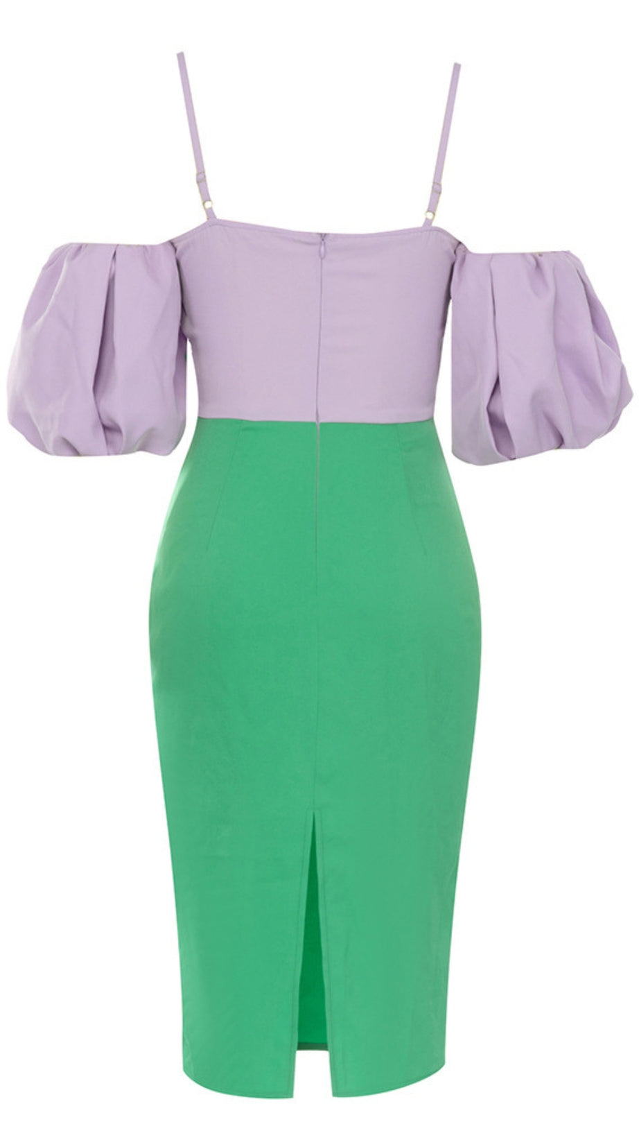 TWO - TONE PUFF - SLEEVE MIDI DRESS IN LAVENDER GREEN