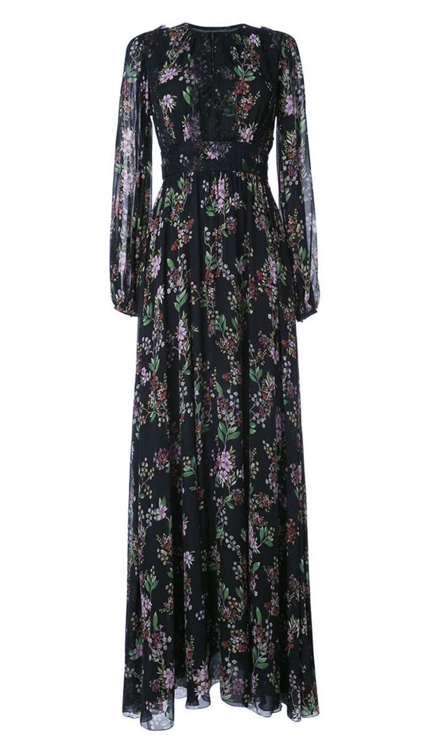 AIIZIE BLACK FLORAL MAXI DRESS WITH SHEER SLEEVES AND LACE DETAILS - product image