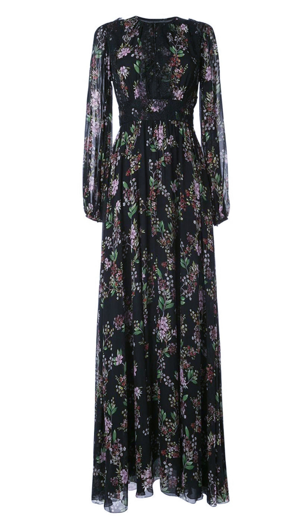 BLACK FLORAL MAXI DRESS WITH SHEER SLEEVES AND LACE DETAILS