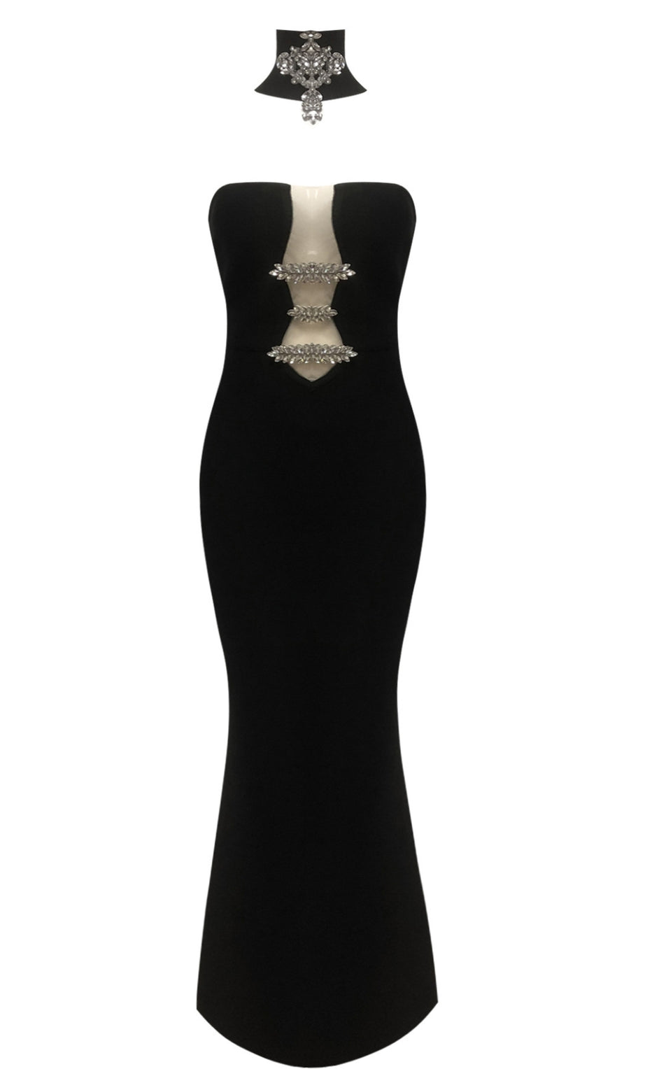 Abito da sirena con spalline e inserti in strass, nero
