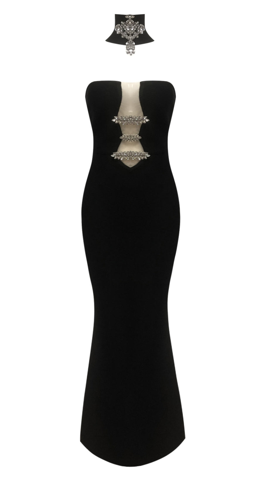 STRAPLESS RHINESTONE - ACCENT CUTOUT MERMAID GOWN IN BLACK