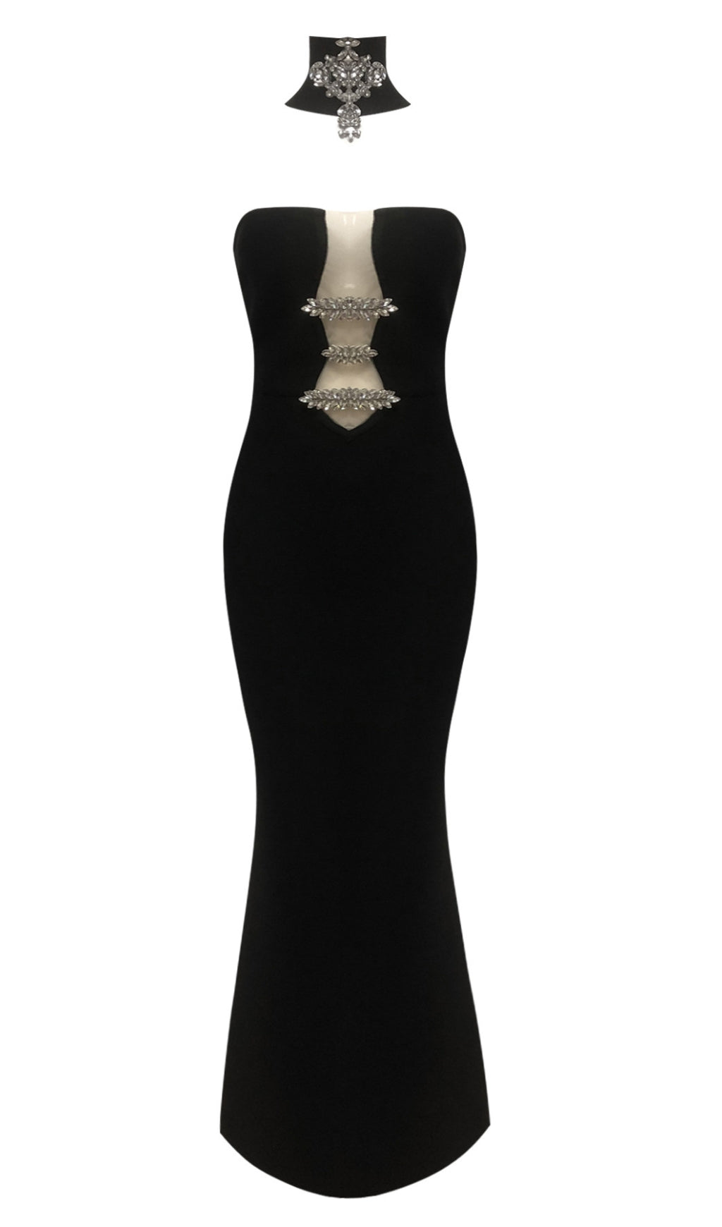 STRAPLESS RHINESTONE - ACCENT CUTOUT MERMAID GOWN IN BLACK