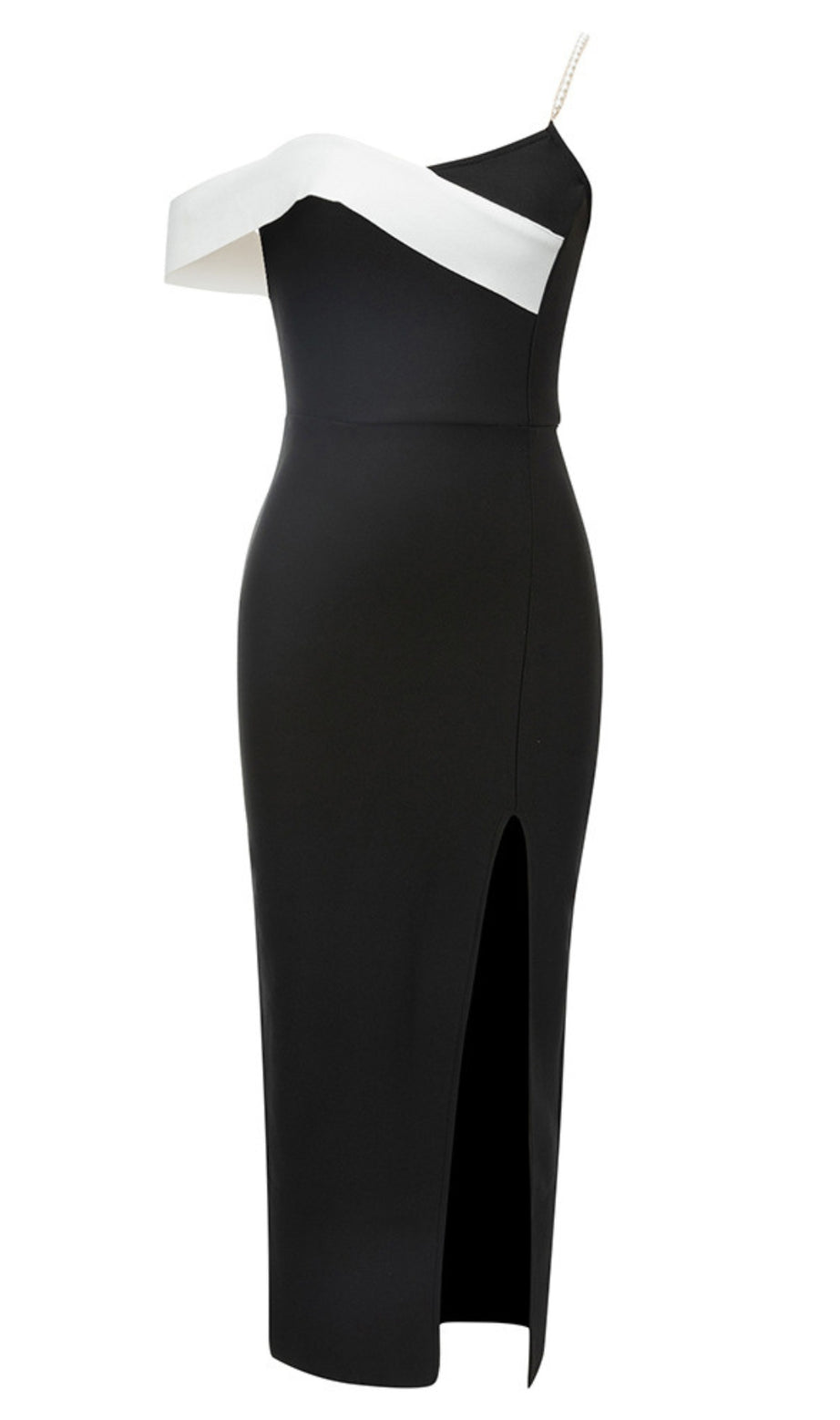 Asymmetric Strap Slit Midi Dress in Black And White
