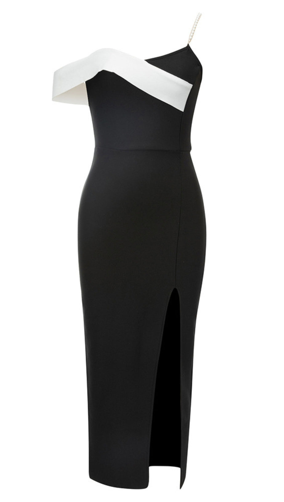 Asymmetrisches Midikleid mit Schlitz und Trägern in Schwarz und Weiß