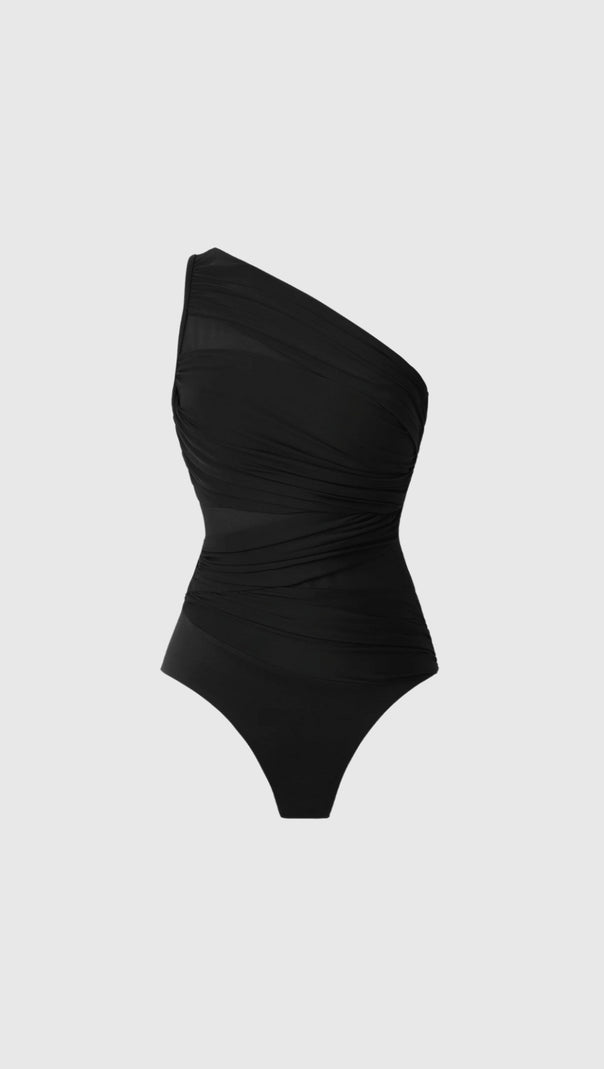 AIIZIE MAMIE SINGLE SHOULDER MESH RUCH SWIMSUIT IN BLACK - product image