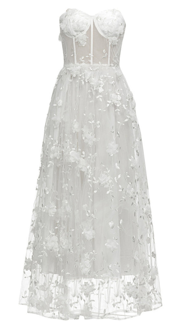 AIIZIE FLORAL - EMBROIDERED SHEER STRAPLESS MAXI DRESS IN WHITE - product image