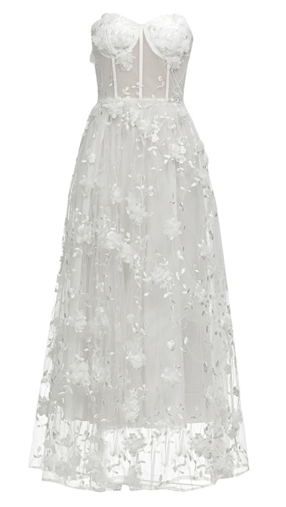 FLORAL - EMBROIDERED SHEER STRAPLESS MAXI DRESS IN WHITE