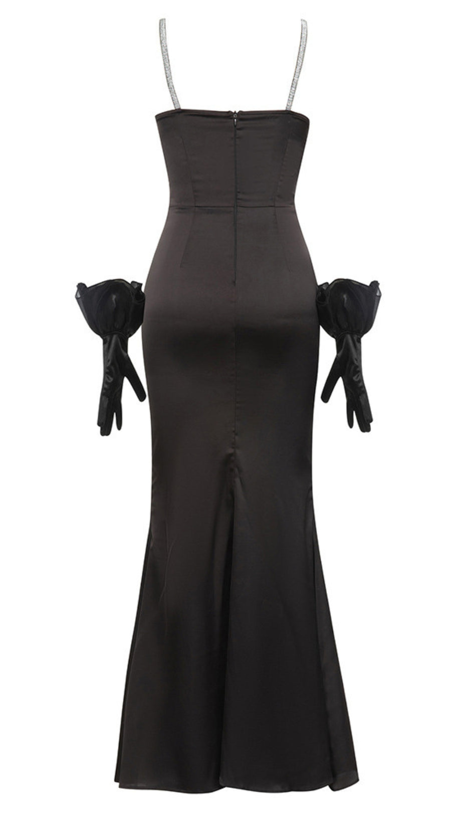 SATIN CORSET - STYLE RHINESTONE - TRIM MAXI DRESS WITH GLOVES IN BLACK