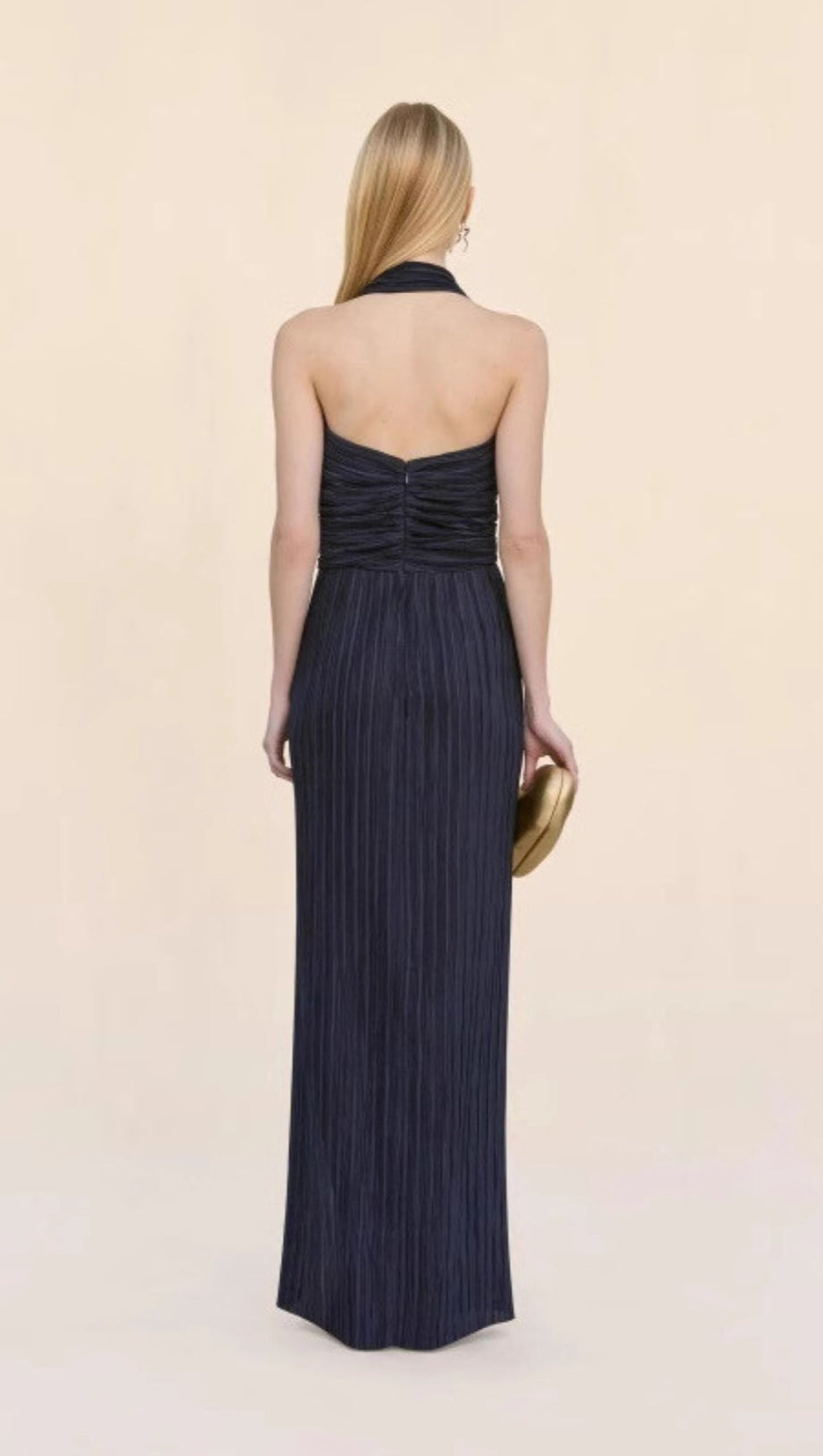 ELEGANT NAVY HALTER PLEATED MAXI DRESS CUTOUT WAIST GOWN
