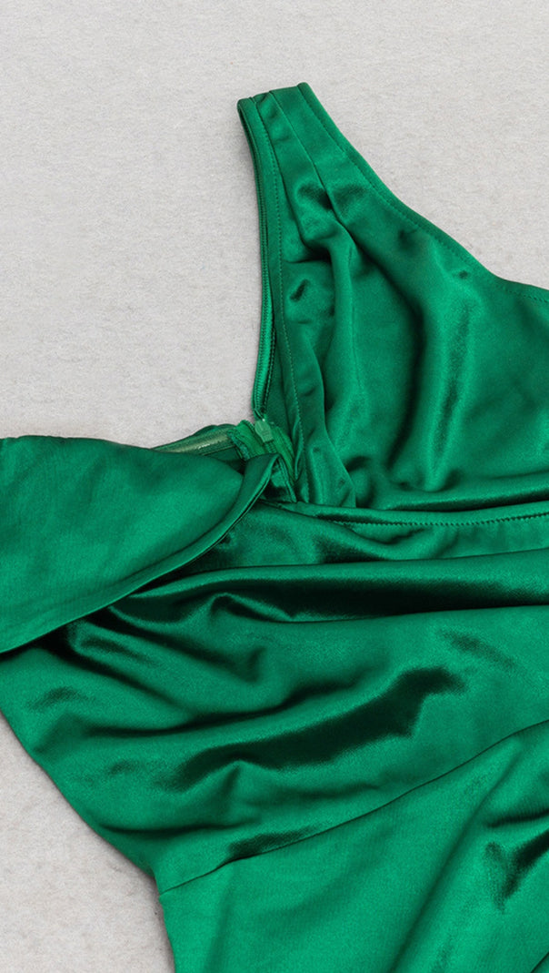 AIIZIE SATIN RUCHED SLIT MAXI DRESS IN GREEN - product image