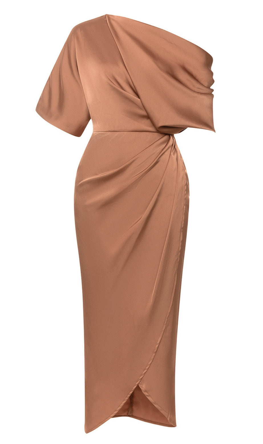 Drapiertes One-Shoulder-Midikleid mit Schlitz in Braun 