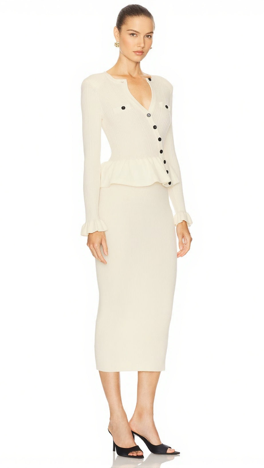 CAROLINE ASYMMETRIC KNIT MIDI DRESS IN BEIGE