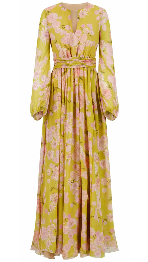 AIIZIE YELLOW FLORAL MAXI DRESS WITH FLOWY SLEEVES AND BELTED WAIST - product image