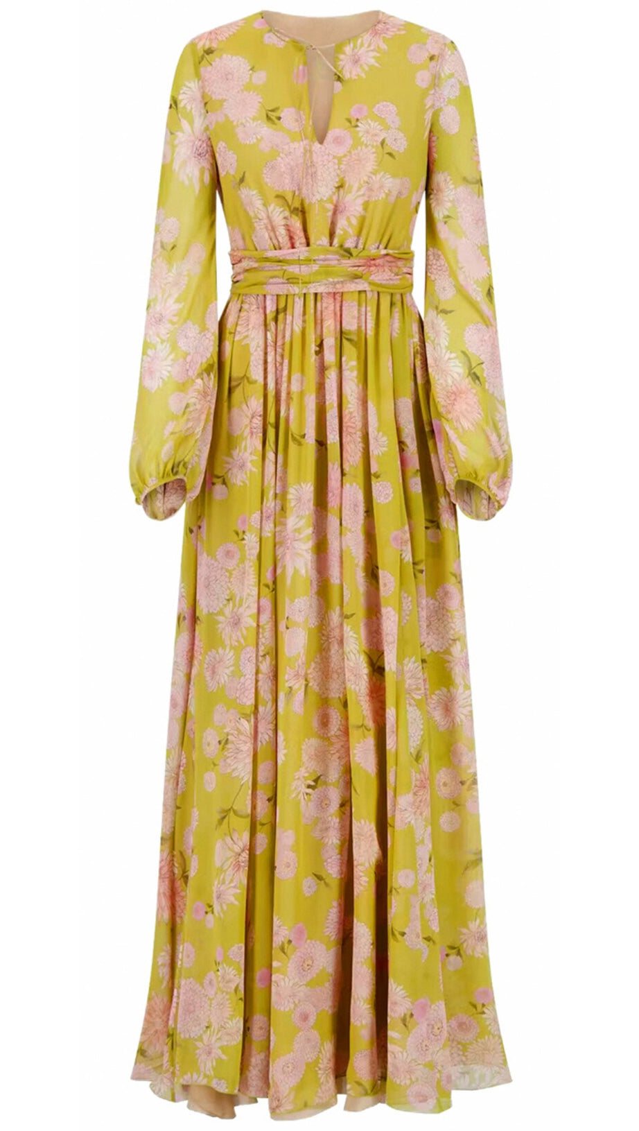 YELLOW FLORAL MAXI DRESS WITH FLOWY SLEEVES AND BELTED WAIST