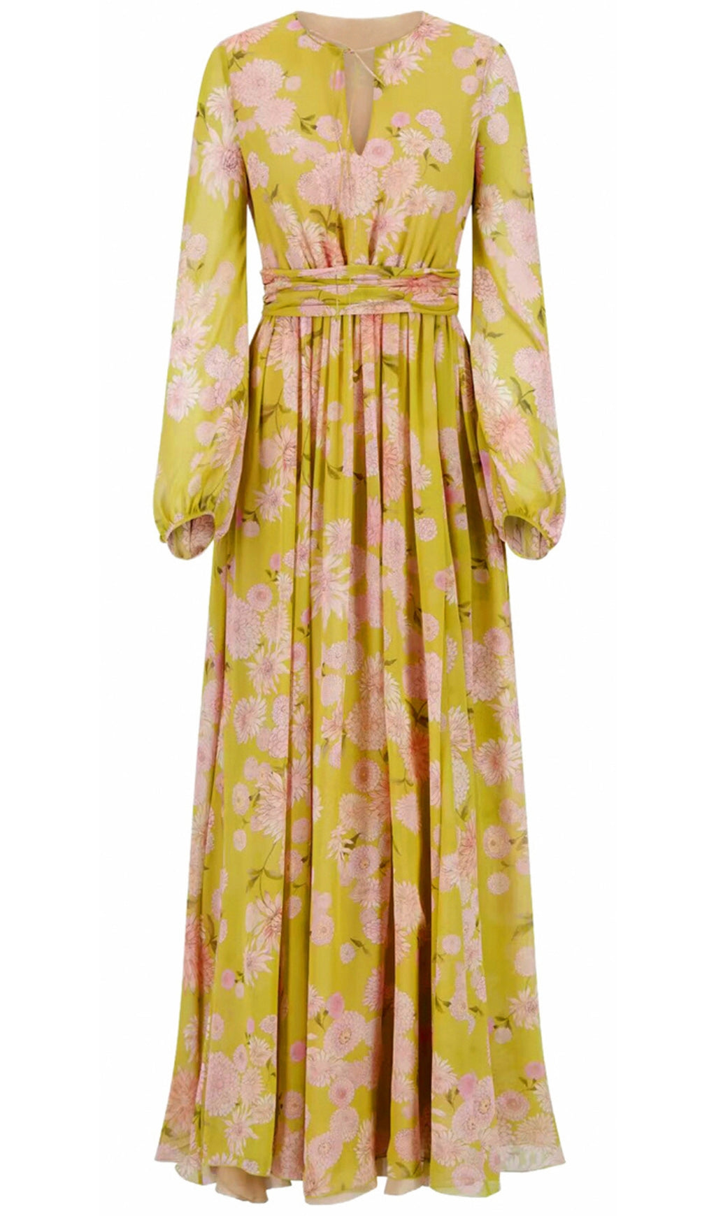 YELLOW FLORAL MAXI DRESS WITH FLOWY SLEEVES AND BELTED WAIST