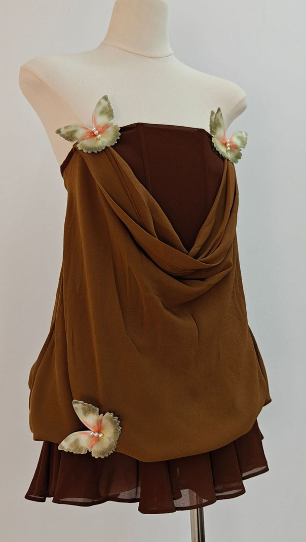 AIIZIE BROWN 3D BUTTERFLY FISHBONE TUNIC TOP MINI SKIRT SET - product image