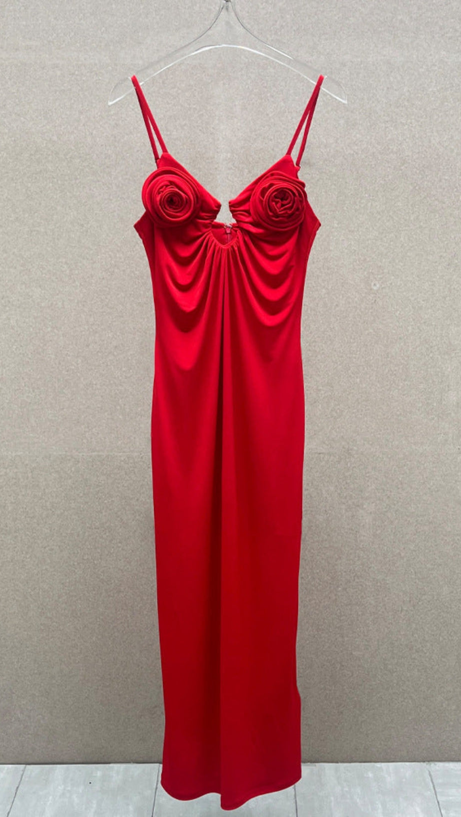 ROSE APPLIQUÉ STRAPPY MAXI DRESS IN RED