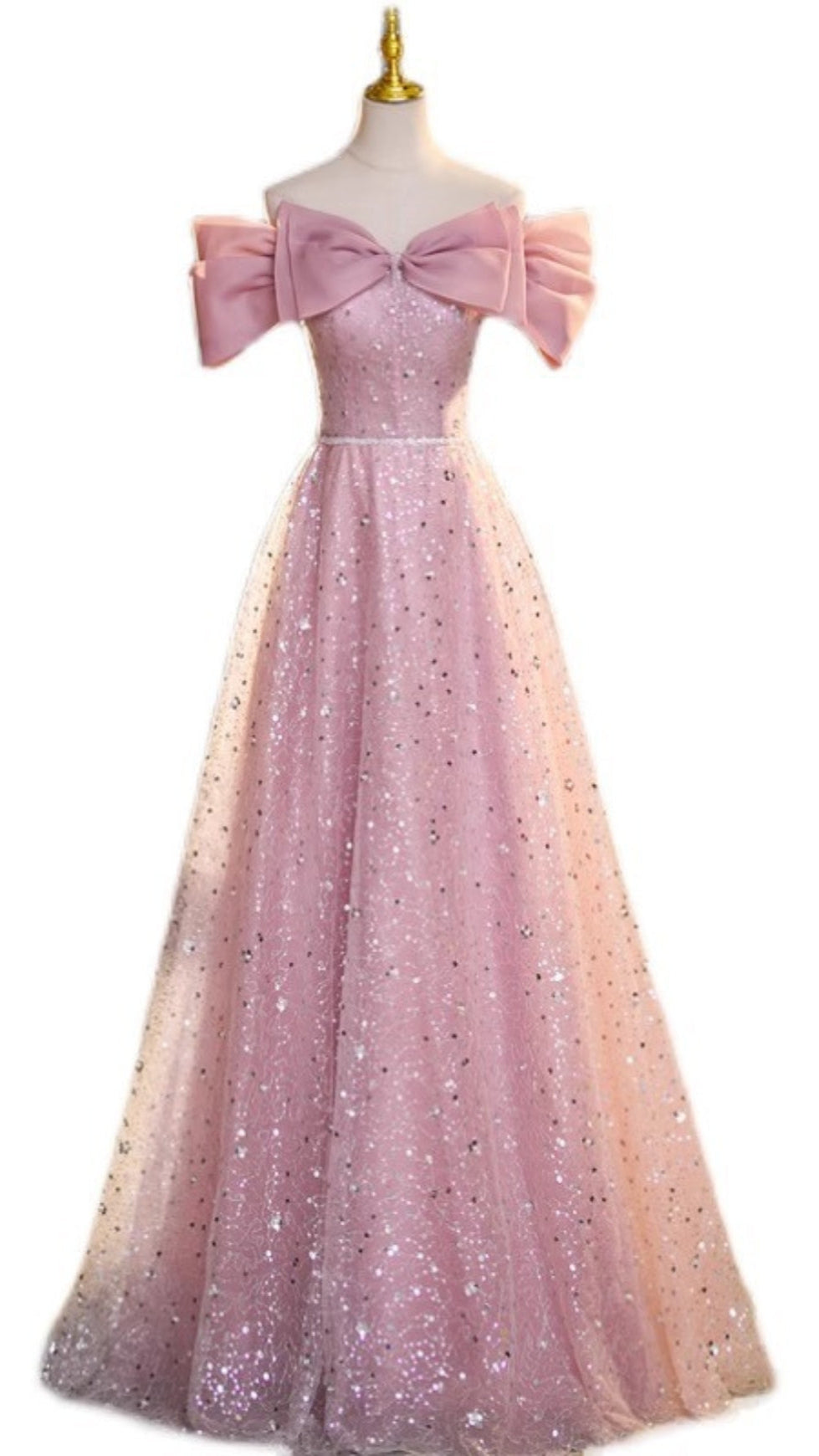 AIIZIE PINK SEQUIN OFF SHOULDER BOW PROM FORMAL MAXI DRESS - product image