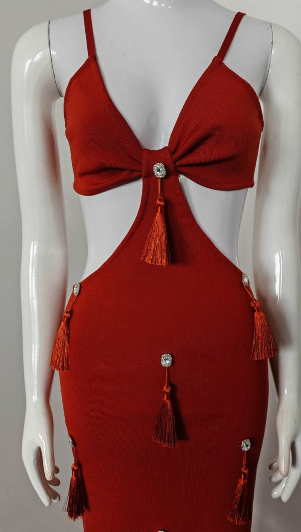 AIIZIE DEEP-V DIAMOND TASSELS BANDAGE MAXI DRESS IN RED - product image
