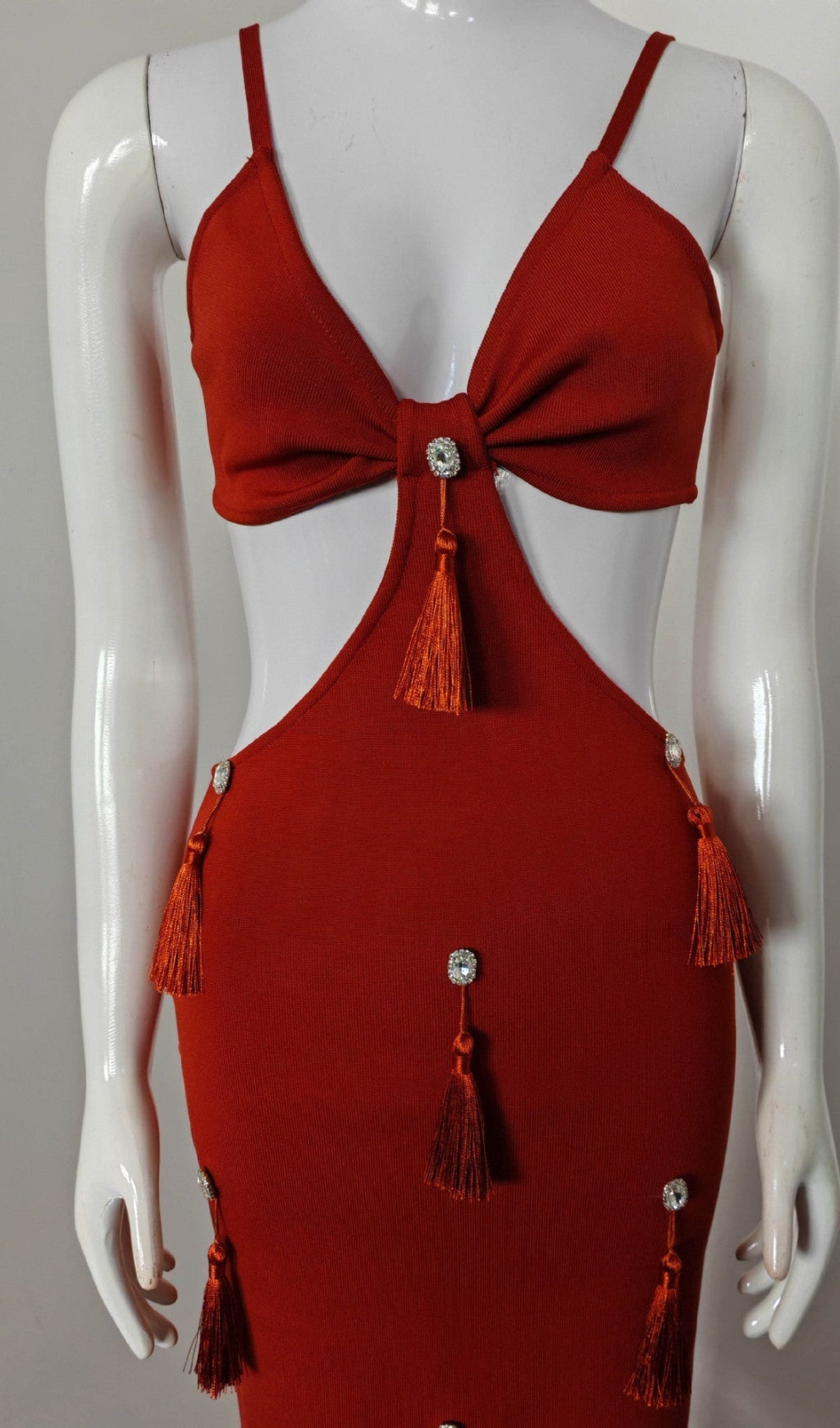 AIIZIE DEEP-V DIAMOND TASSELS BANDAGE MAXI DRESS IN RED - product image