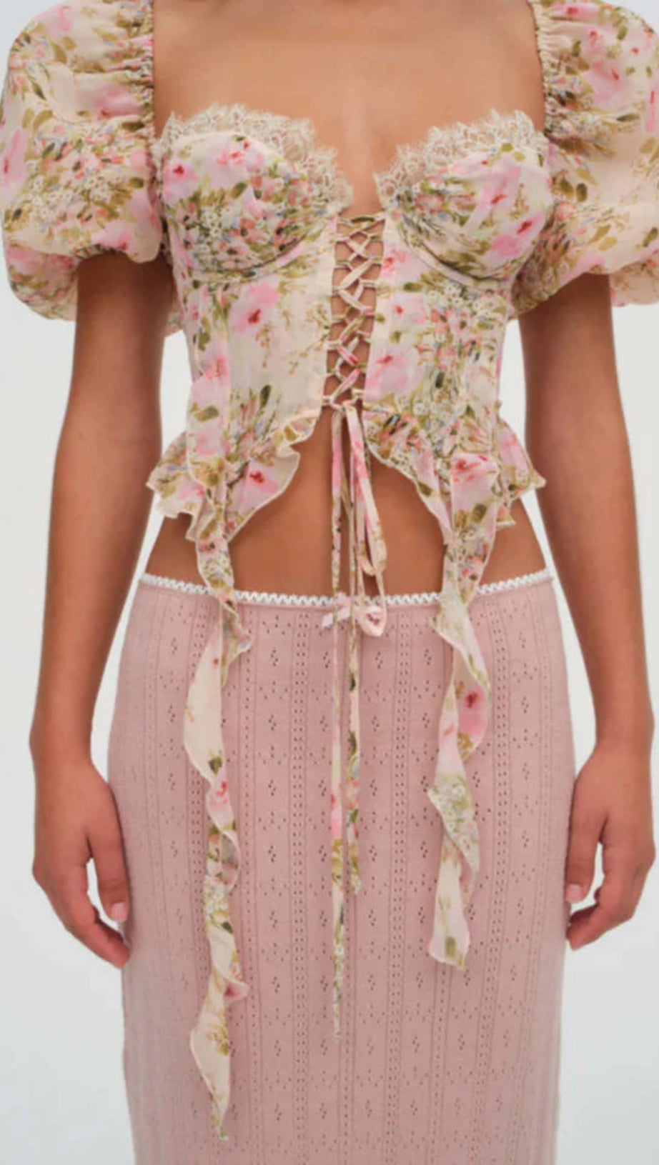 PINK TIE-DRAPE CHIFFON SHIRT WITH RUFFLED PUFF SLEEVES