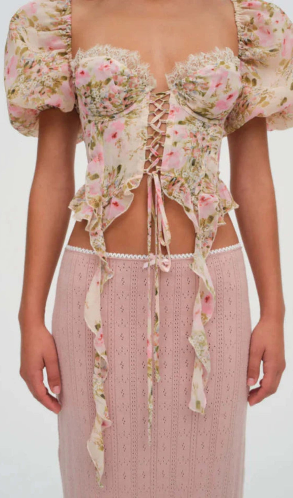 AIIZIE PINK TIE-DRAPE CHIFFON SHIRT WITH RUFFLED PUFF SLEEVES - product image