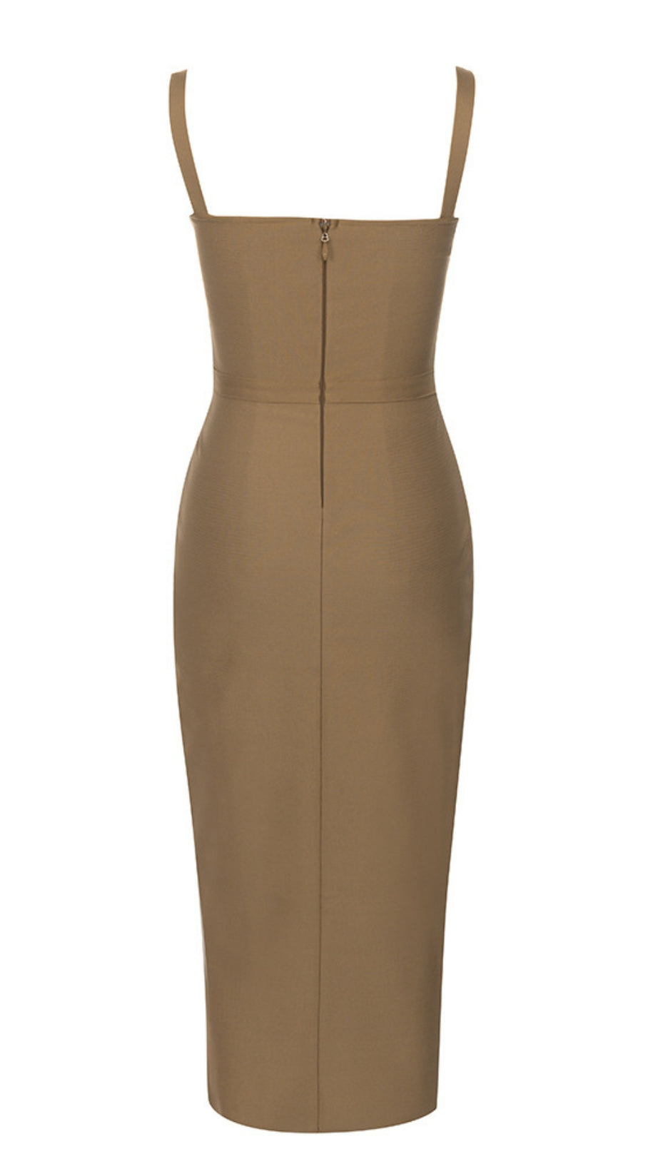 TAN BANDAGE DRESS WITH SHEER BUSTIER AND SIDE SLIT