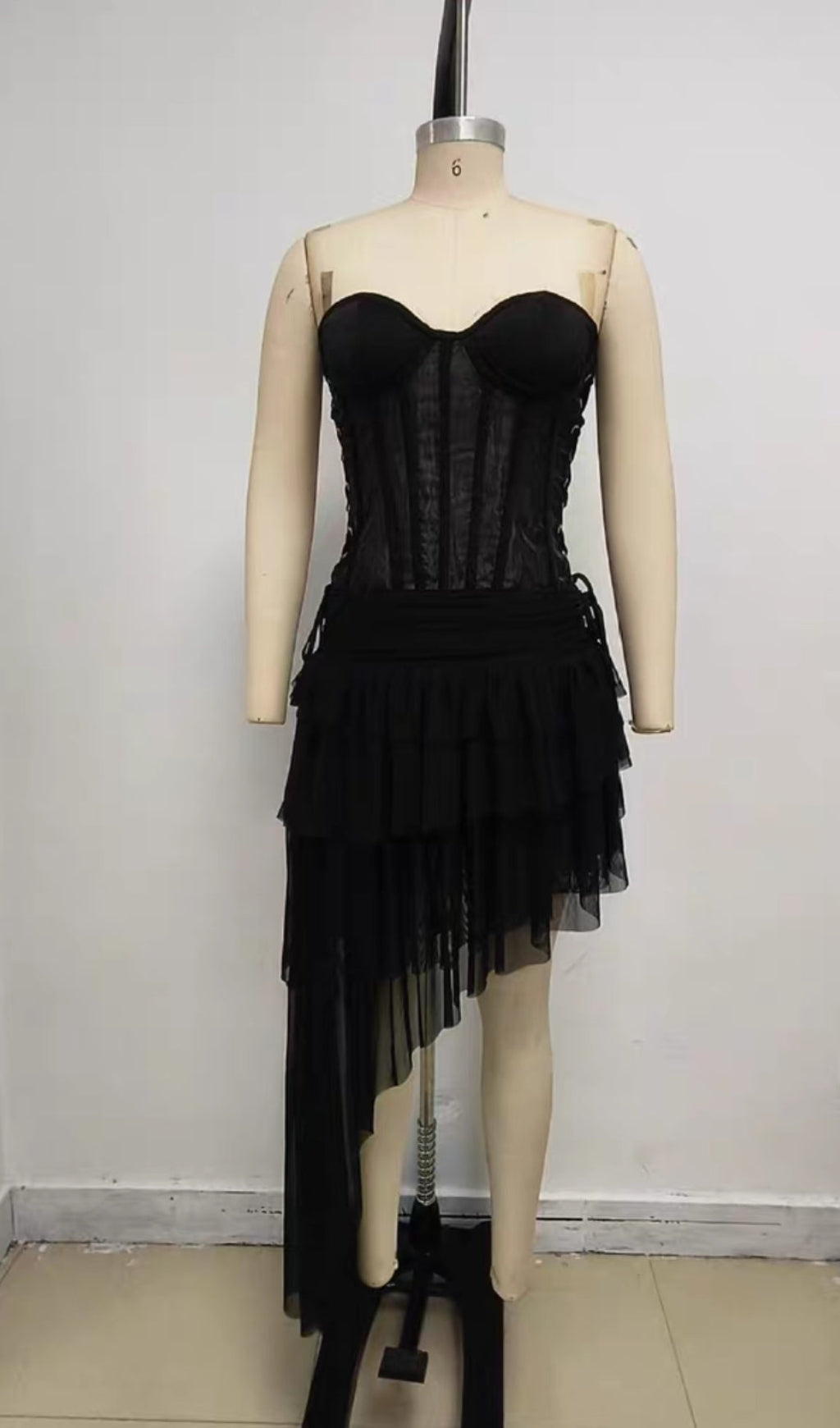 AIIZIE BLACK CORSET TOP & IRREGULAR MESH SKIRT TWO PIECES SET - product image