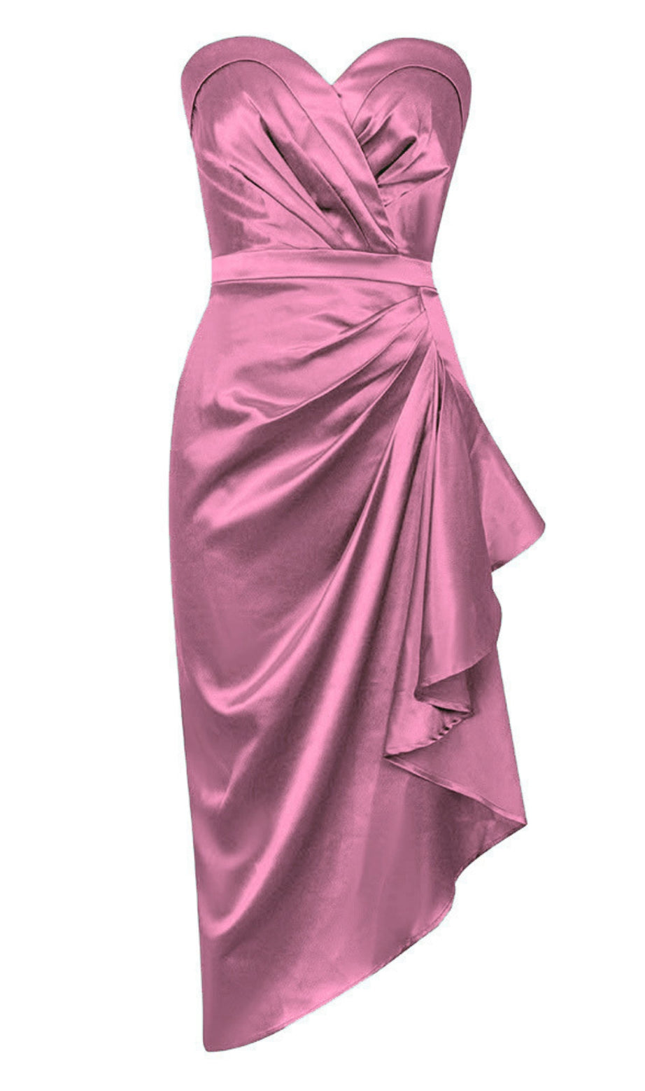 Strapless Ruched Asymmetric Ruffle Midi Dress in Purple
