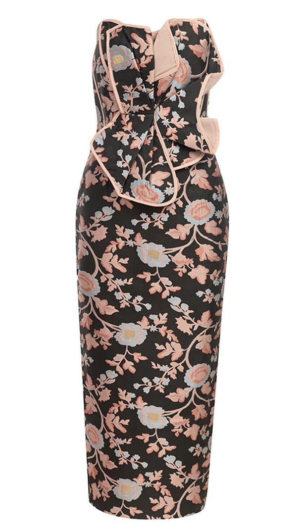 AIIZIE FLORAL - PATTERNED CUTOUT STRAPLESS MIDI DRESS IN BLACK - product image