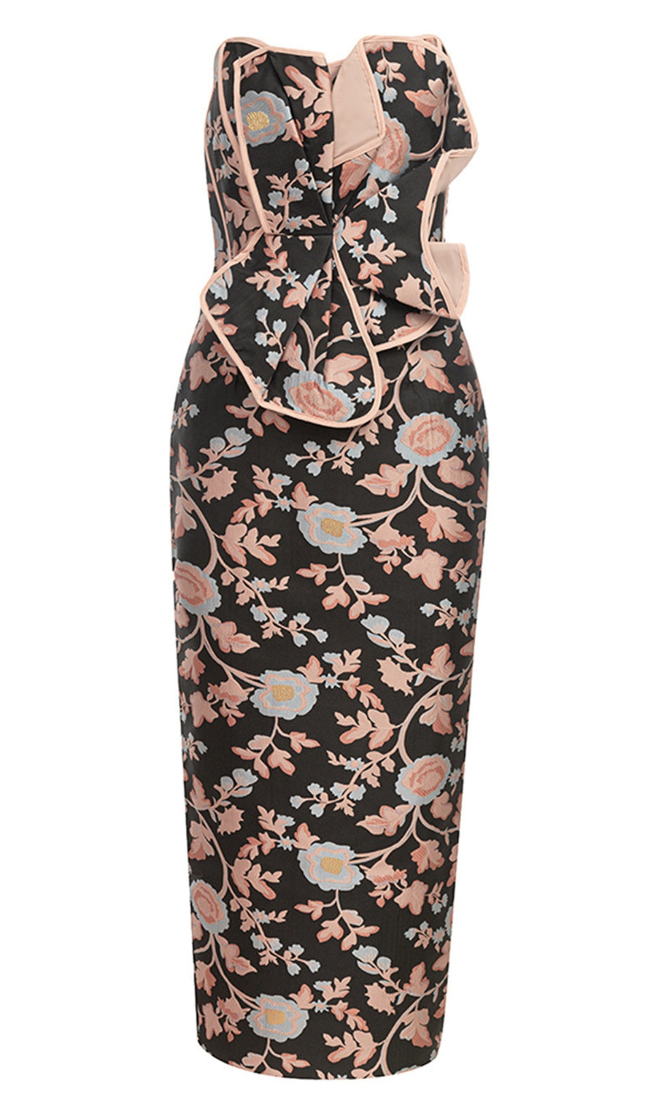 Floral - Patterned Cutout Strapless Midi Dress in Black