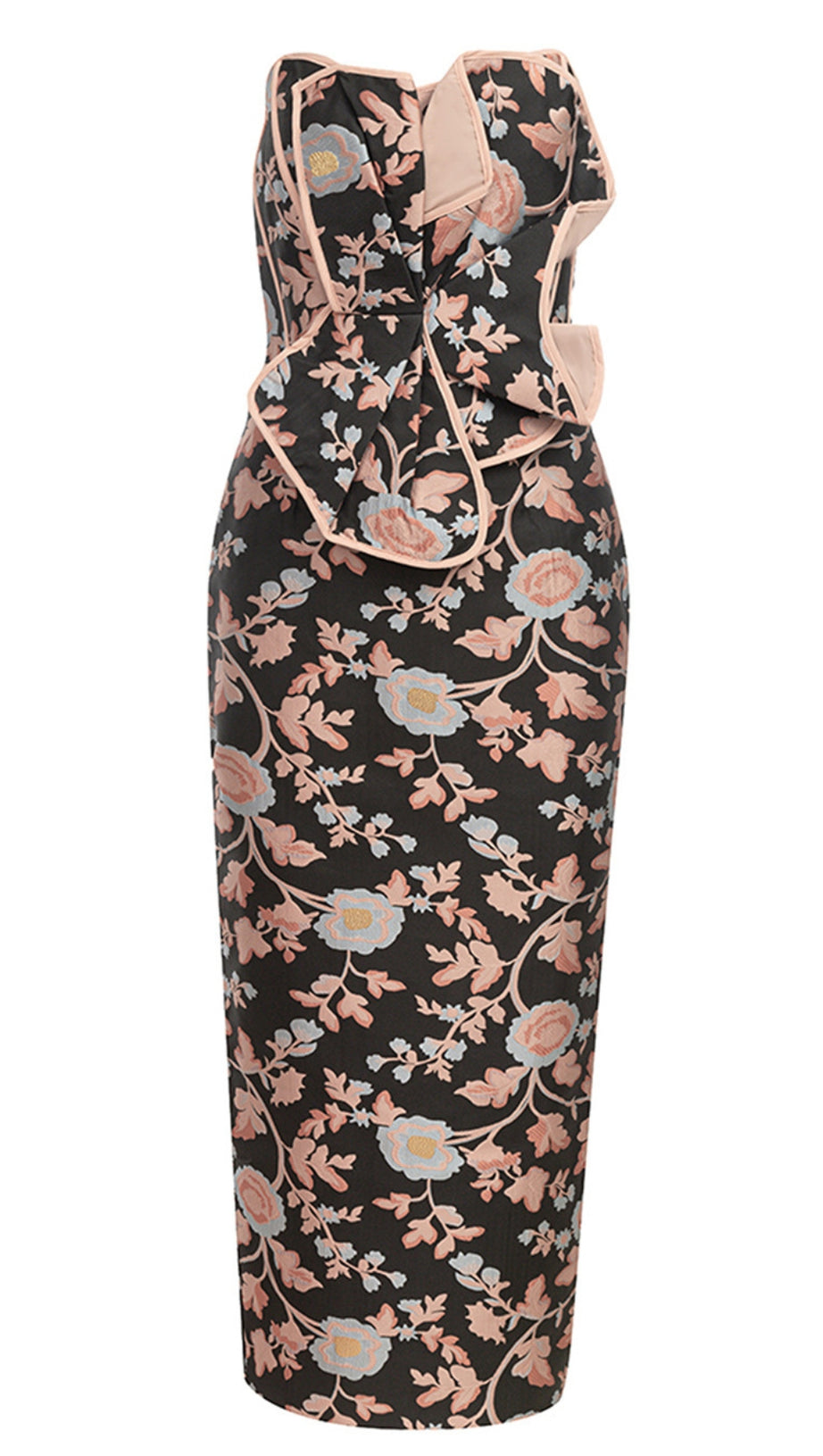 FLORAL - PATTERNED CUTOUT STRAPLESS MIDI DRESS IN BLACK