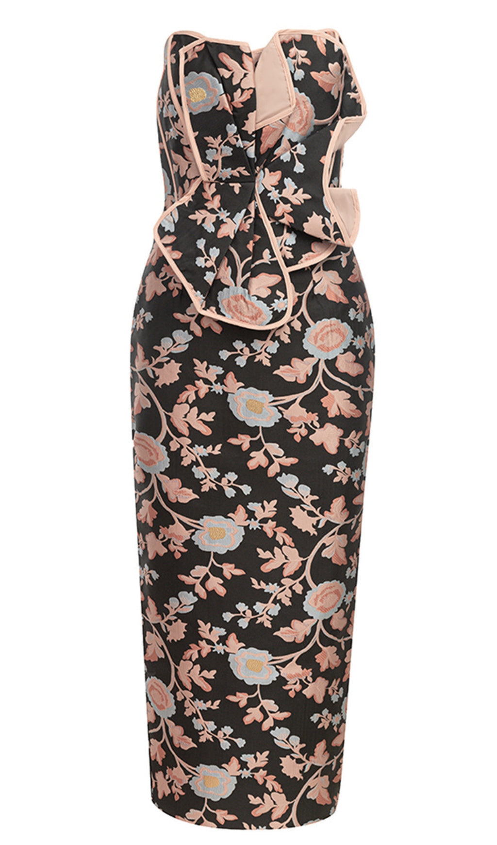 FLORAL - PATTERNED CUTOUT STRAPLESS MIDI DRESS IN BLACK