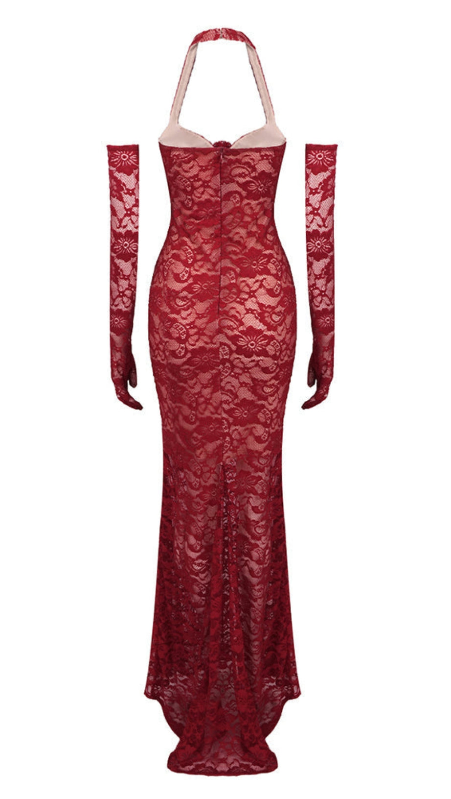 EARTHA HALTER FLORAL LACE MAXI DRESS IN BURGUNDY