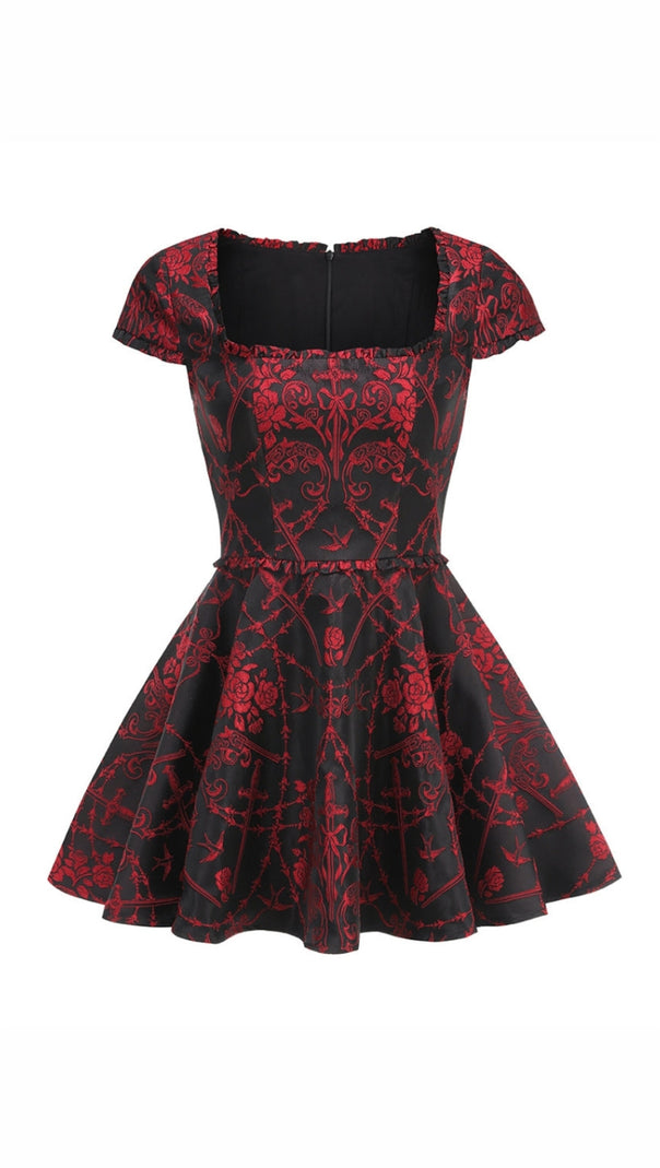AIIZIE SQUARE NECK JACQUARD MINI DRESS IN BLACK RED - product image