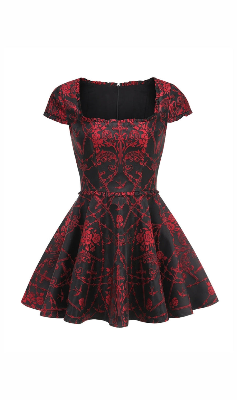 square neck jacquard mini dress in Black Red