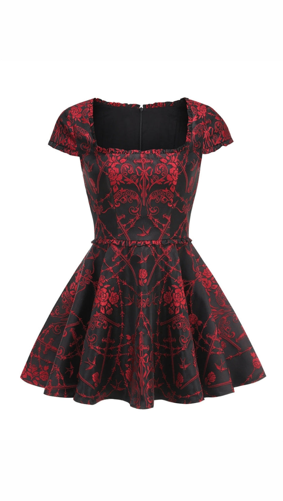 SQUARE NECK JACQUARD MINI DRESS IN BLACK RED