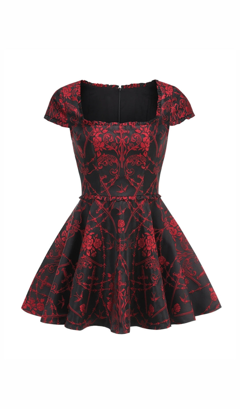 SQUARE NECK JACQUARD MINI DRESS IN BLACK RED