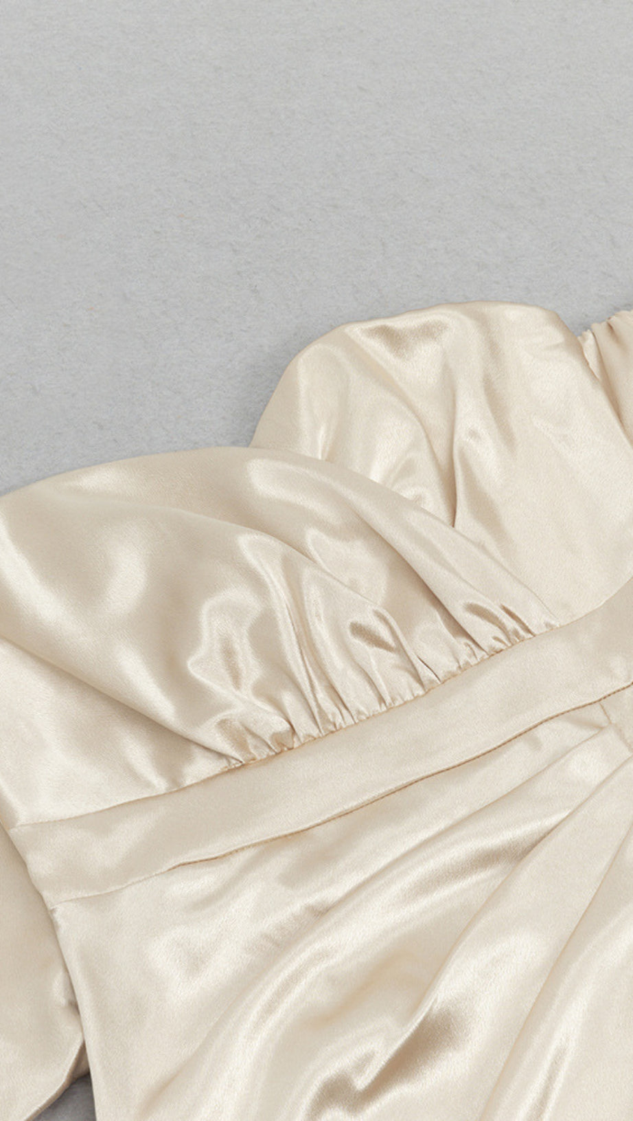 SATIN OFF - SHOULDER PUFF - SLEEVE MIDI DRESS IN CHAMPAGNE
