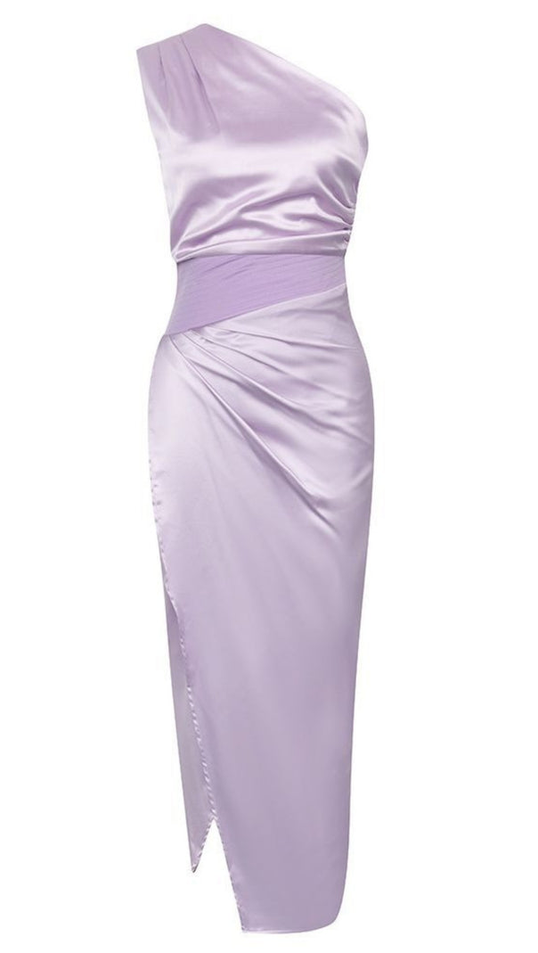 AIIZIE SATIN ONE - SHOULDER RUCHED SLIT MIDI DRESS IN LILAC - product image
