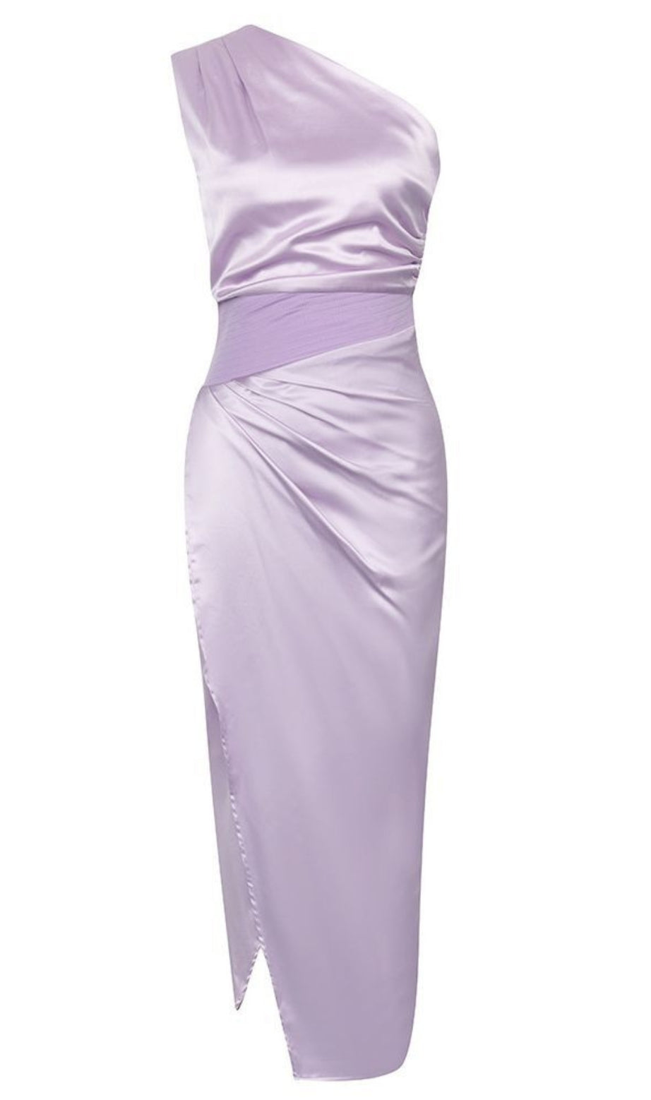 Satin One - Shoulder Ruched Slit Midi Dress in Lilac