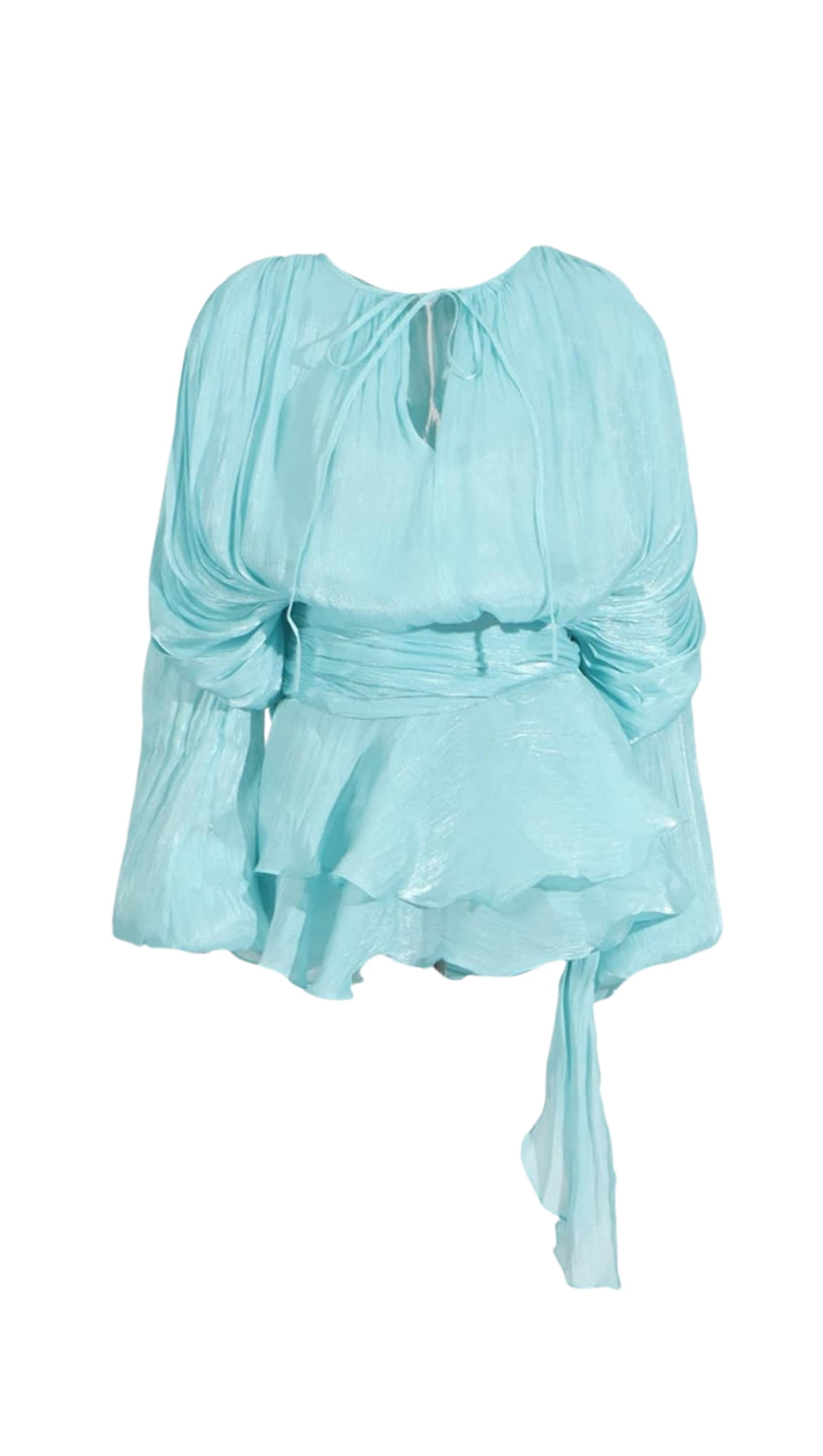 HERMOSA BALLOON SLEEVE RUCH RUFFLE MINI DRESS IN BABY BLUE