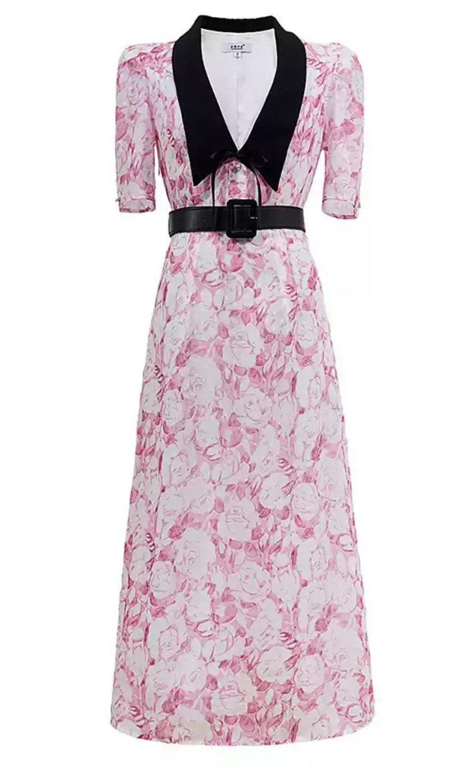 Rosa Midikleid mit Blumenmuster, kontrastierendem Kragen und Gürtel 