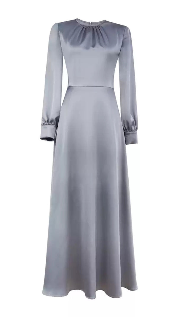 AIIZIE SILVER SATIN MAXI DRESS WITH LONG SLEEVES AND PLEATED NECKLINE - product image