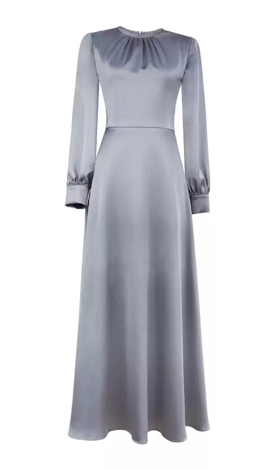 Silbernes Satin-Maxikleid mit langen Ärmeln und plissiertem Ausschnitt 