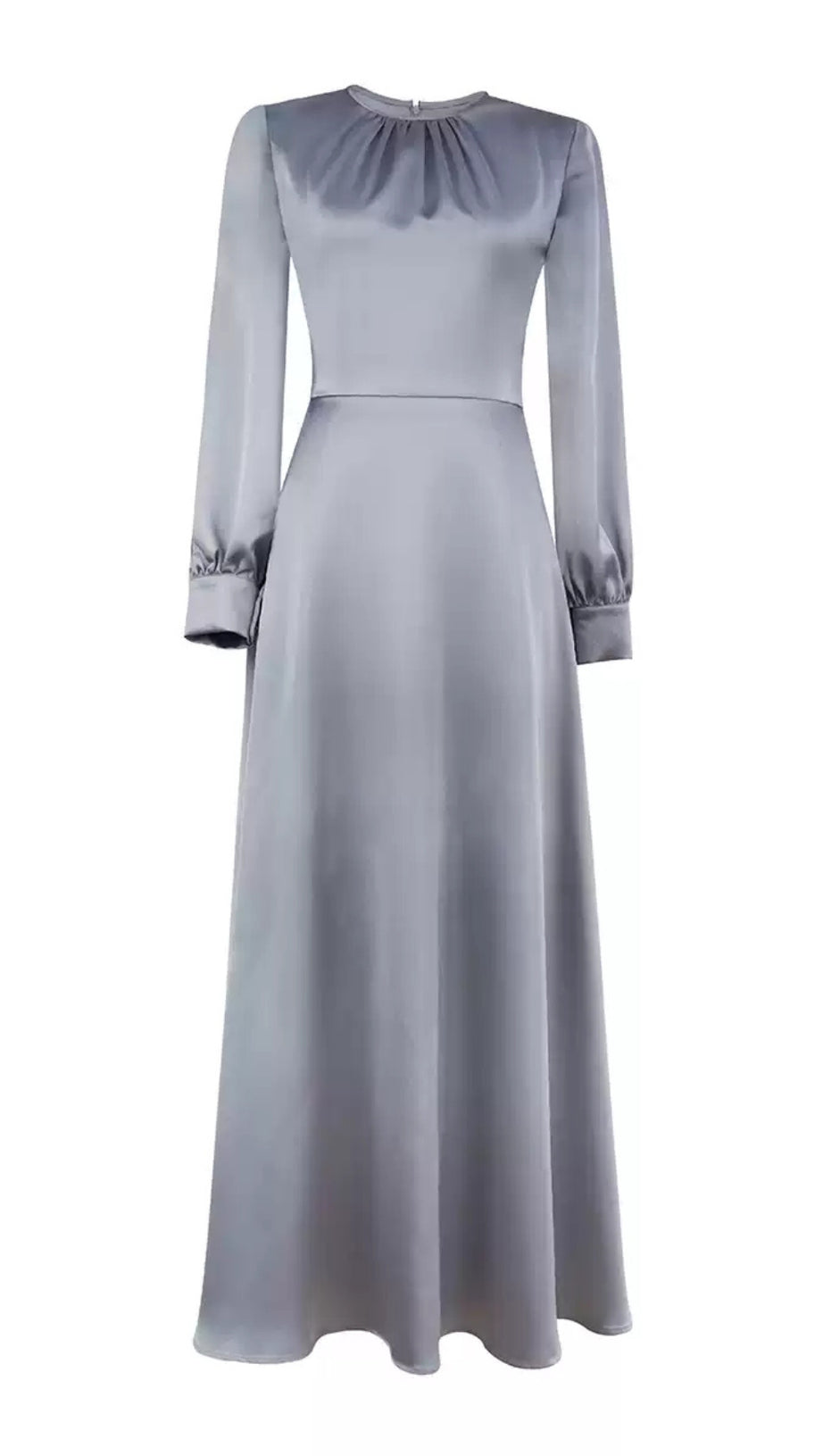 SILVER SATIN MAXI DRESS WITH LONG SLEEVES AND PLEATED NECKLINE